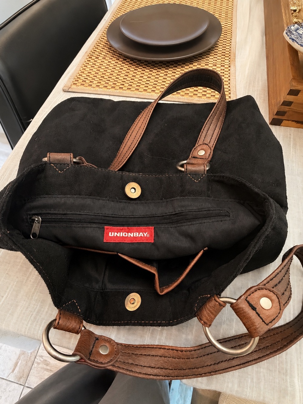 Vintage 2000s Unionbay Black Suede Shoulder Tote Bag Brown Leather Trim Y2K - Picture 6 of 12